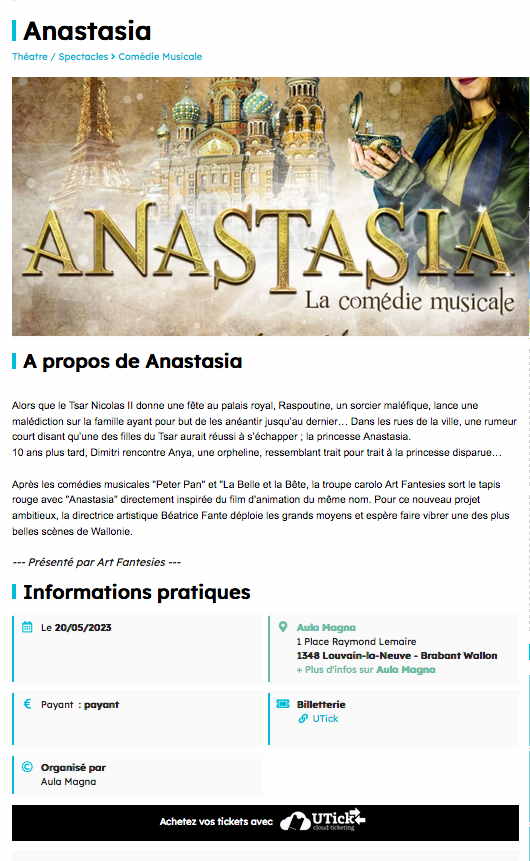Page Internet. Comédie musicale - Anastasia. Présenté par Art Fantesies et organisé par Aula Magna à Louvain-la-Neuve. 2023-05-20